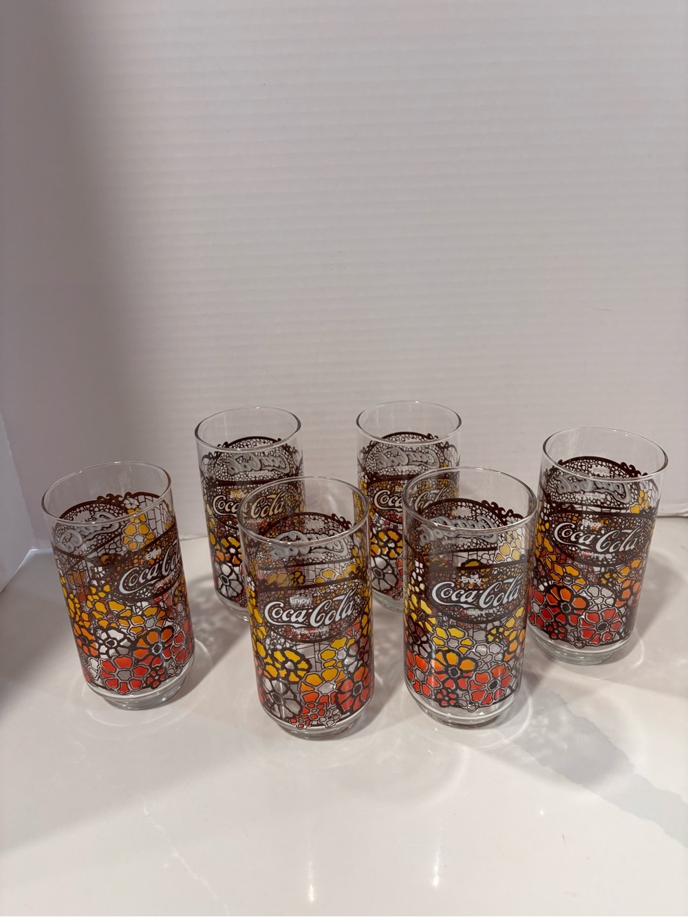 Vintage 1970’s Flower Power Coca Cola Floral Mosaic Glasses - (Set of 6)